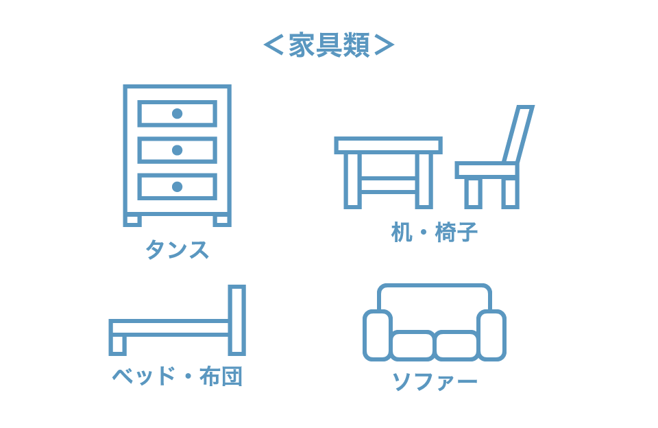 〈家具類〉タンス、机・椅子、ベッド・布団、ソファー